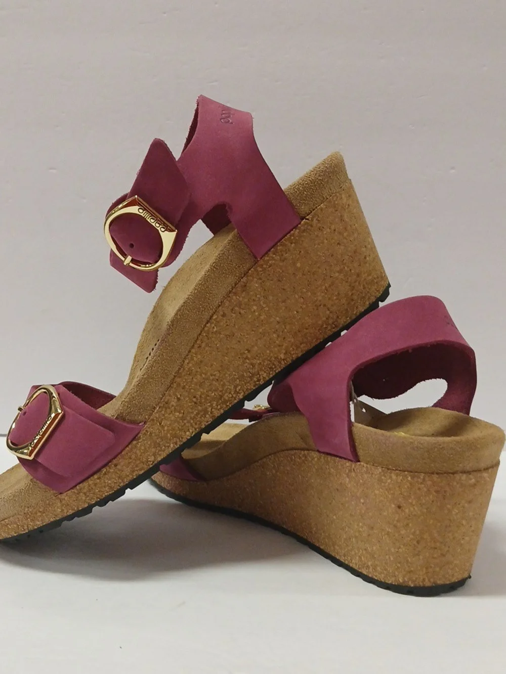 Women's Pink Cork Wedge Sandals with Gold Buckles